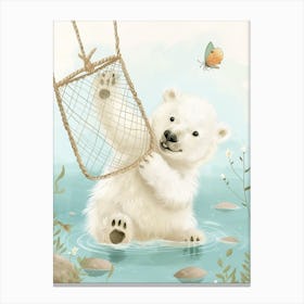 Polar Bear Cub Playing With A Butterfly Net Storybook Illustration 2 Canvas Print