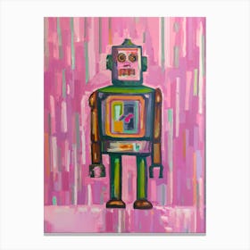 Retro Tin Robot Green Pink Oil Painting Canvas Print