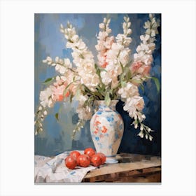 Delphinium Flower And Peaches Still Life Painting 2 Dreamy Canvas Print
