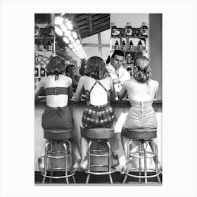 Women Sitting at Bar, Vintage Black and White Old Photo, Bar Cart Decor Canvas Print