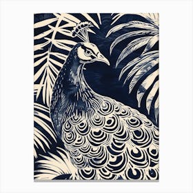 Navy Blue Peacock With Tropical Leaves 3 Canvas Print