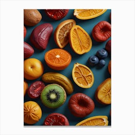 Sliced Fruit On Blue Background Canvas Print