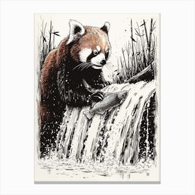 Red Panda Catching Fish In A Waterfall Ink Illustration 1 Canvas Print