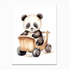 Baby Panda On A Toy Car, Watercolour Nursery 1 Canvas Print