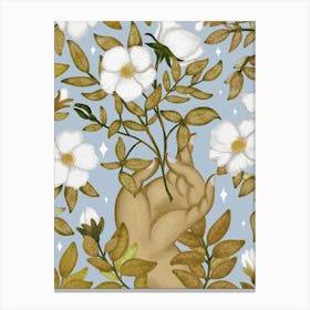 White flowers on blue floral art Canvas Print