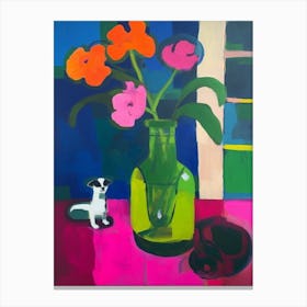 Painting Of A Still Life Of A Sweet Pea With A Cat In The Style Of Matisse 1 Canvas Print