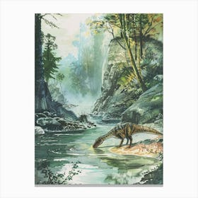 Dinosaur Drinking From A Watering Hole Watercolour Illustration 2 Canvas Print
