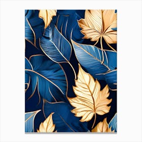 Gold Leaves On Blue Background Canvas Print