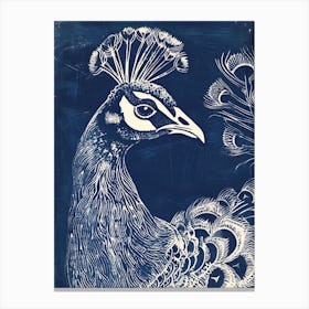Blue Linocut Inspired Peacock Portrait 3 Canvas Print