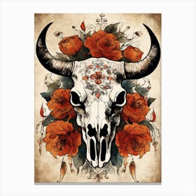 Vintage Boho Bull Skull Flowers Painting (25) Canvas Print