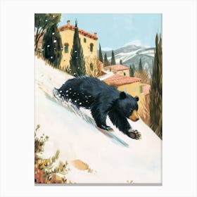 American Black Bear Cub Sliding Down A Snowy Hill Storybook Illustration 3 Canvas Print