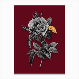 Vintage Pink French Rose Black and White Gold Leaf Floral Art on Burgundy Red n.0456 Canvas Print