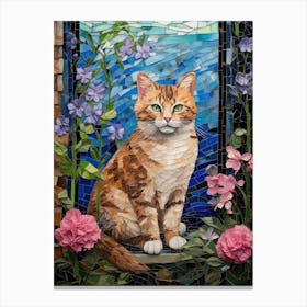 Mosaic Of Cat In The Garden With Pink Flowers Canvas Print