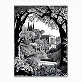 Generalife Gardens, 1, Spain Linocut Black And White Vintage Canvas Print