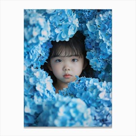 Portrait Of A Five Year Old Asian Girl Entering A Sea Of Blue Flowers Lienzo