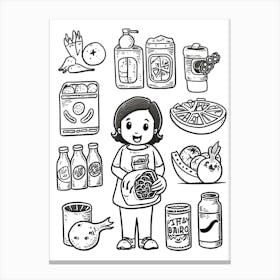Girl And Fruits And Vegetables Black And White Line Art Canvas Print