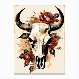 Vintage Boho Bull Skull Flowers Painting (48) Canvas Print