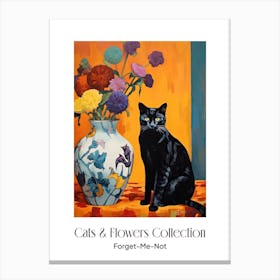 Cats & Flowers Collection Forget Me Not Flower Vase And A Cat, A Painting In The Style Of Matisse 0 Canvas Print