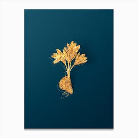 Vintage Autumn Crocus Botanical in Gold on Teal Blue Canvas Print