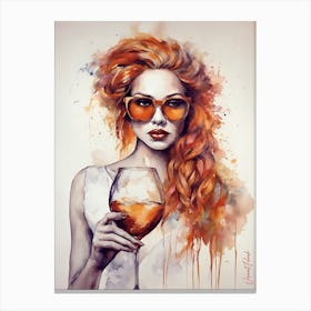 Elegant Lady With Orange Glasses Holding A Glass Of Wine Canvas Print