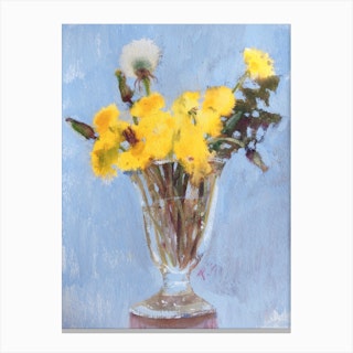 Yellow Dandelions Bouquet In A Glass Vase Canvas Print