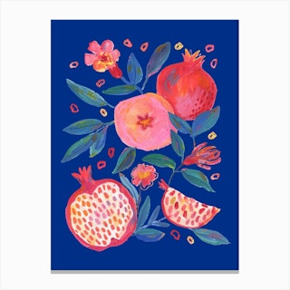 Pomegranate And Florals Blue Canvas Print