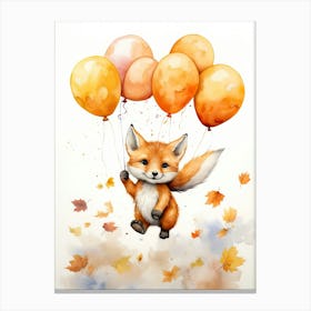 Red Fox Flying With Autumn Fall Pumpkins And Balloons Watercolour Nursery 2 Canvas Print