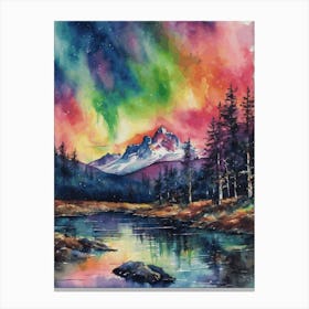 The Northern Lights - Aurora Borealis Rainbow Winter Snow Scene of Lapland Iceland Finland Norway Sweden Forest Lake Watercolor Beautiful Celestial Artwork for Home Gallery Wall Magical Etheral Dreamy Traditional Christmas Greeting Card Painting of Heavenly Fairylights 9 Canvas Print