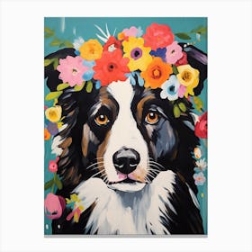 Border Collie Portrait With A Flower Crown, Matisse Painting Style 3 Canvas Print