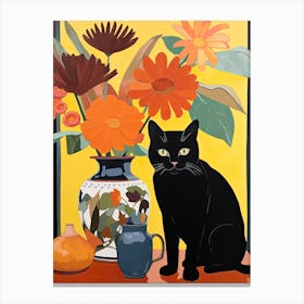 Marigold Flower Vase And A Cat, A Painting In The Style Of Matisse 0 Canvas Print