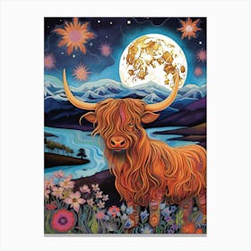 Moonlight Illustration Of Highland Cow With Lake Canvas Print