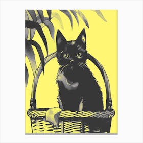 Black Kitty Cat In A Basket Yellow Canvas Print