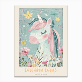 Storybook Style Unicorn & Flowers Pastel 2 Poster Canvas Print