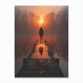 Person Standing On A Dock At Sunrise Canvas Print