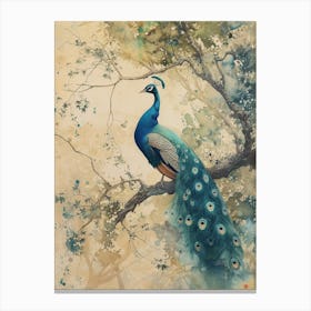 Sepia Watercolour Peacock On The Tree Branch Canvas Print