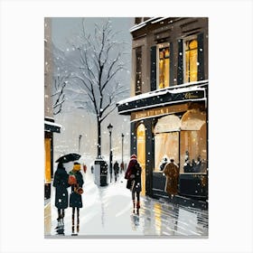 Paris cafes, winter season, Christmas, autumn oil colors, pale colors, pedestrians in the street, winter clothes, falling snow.1 Canvas Print