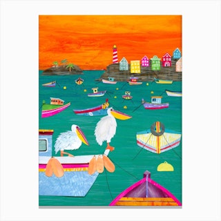 Lots Of Fishing Boats And Two Pelicans Canvas Print