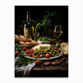 Olives And Wine On A Table Canvas Print