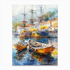 Watercolor Of Fishing Boats Canvas Print