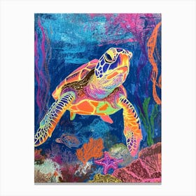 Rainbow Sea Turtle With Marine Plants Crayon Drawing Canvas Print