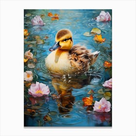 Duckling Swimming In The Pond With Petals 4 Canvas Print