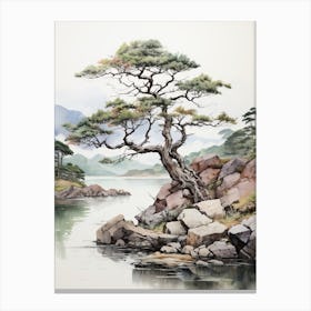 Yufuin In Oita,  Japanese Brush Painting, Sumi E, Minimal  4  Canvas Print