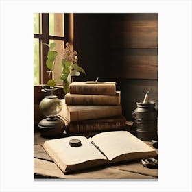 Old Books On A Wooden Table Canvas Print