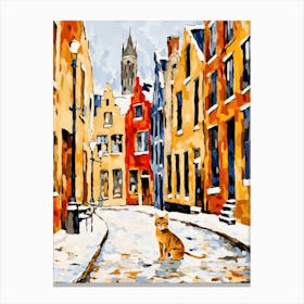 Cat In The Streets Of Bruges   Belgium With Snowd 3 Canvas Print