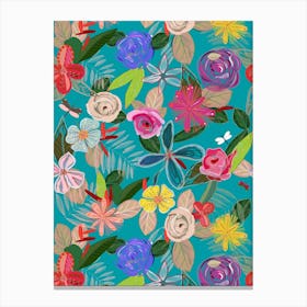 Vivid Colorful Botanical Flowers Pattern With Turquoise Background Canvas Print