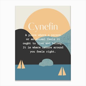 Welsh Cynefin Quote Sea, Sun and Boats, Blue and Neuteal Canvas Print