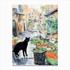 Food Market With Cats In Amalfi 4 Watercolour Canvas Print