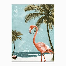 American Flamingo And Coconut Trees Minimalist Illustration 2 Canvas Print