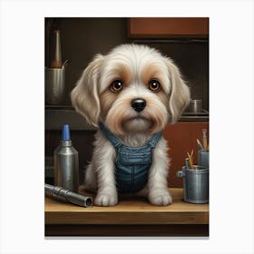 Dog In Mechanic Overalls Canvas Print