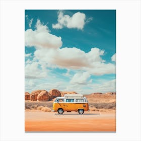 Vintage VW bus on the road travelling Canvas Print
